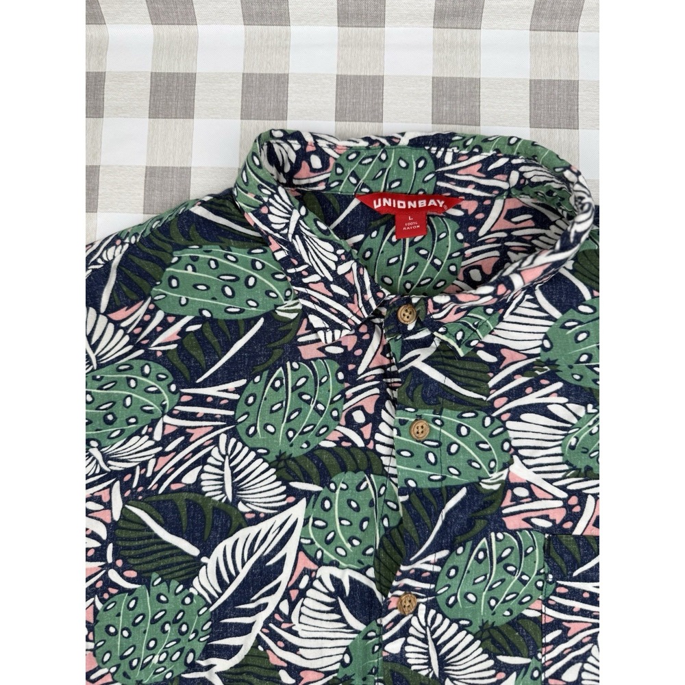 tropical hawaiian rayon shirt palm leaf print vacation summer L